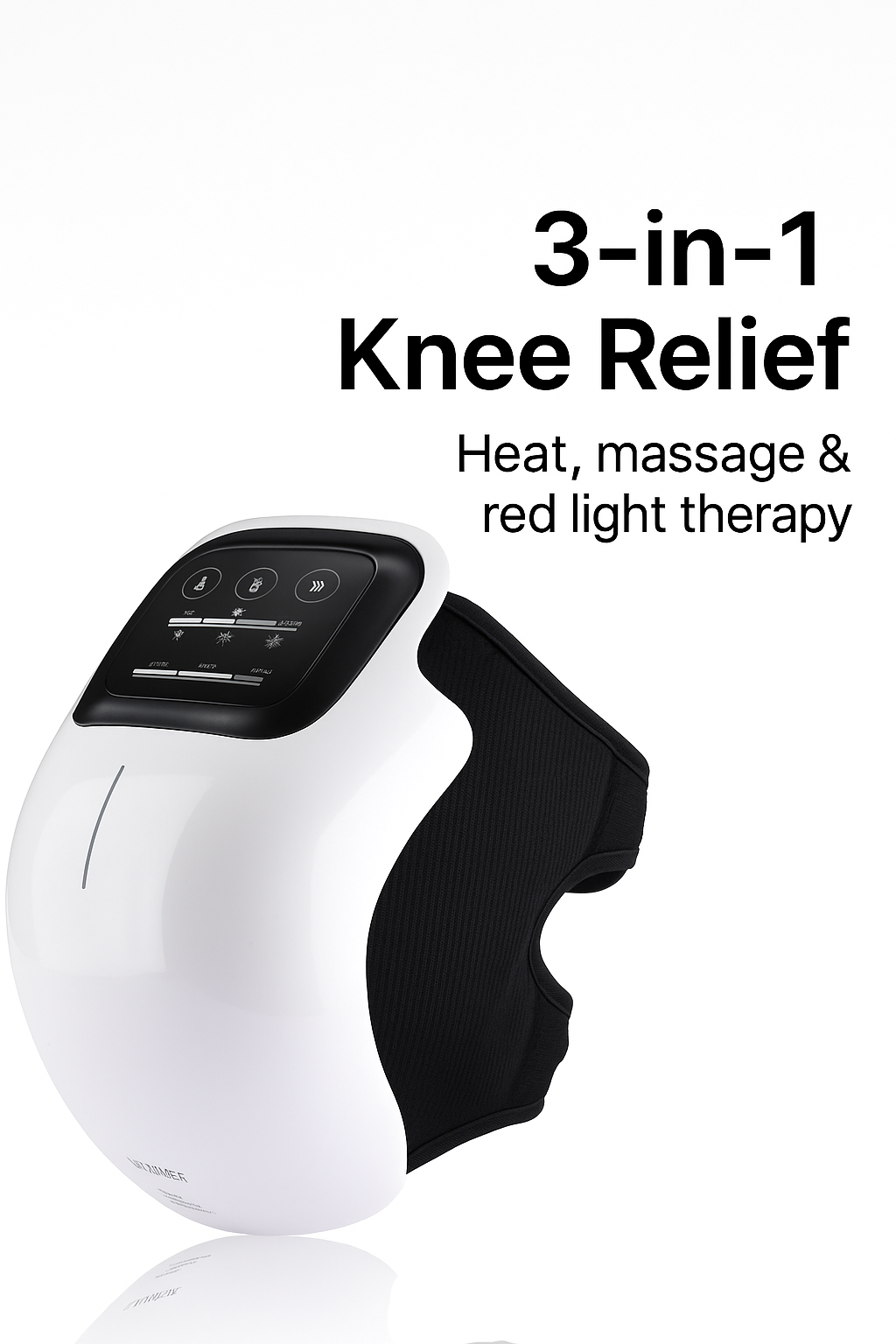 3-in-1 knee relief device with heat, massage, and red light therapy on a white background.