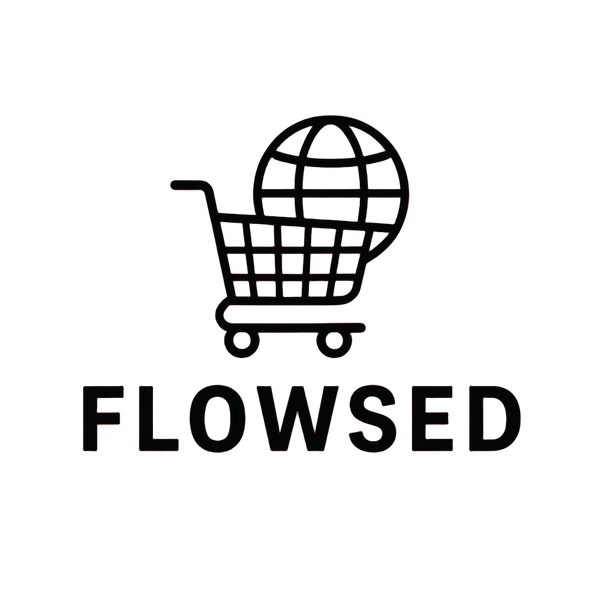 Logo of Flowsed with a shopping cart and globe icon on a white background